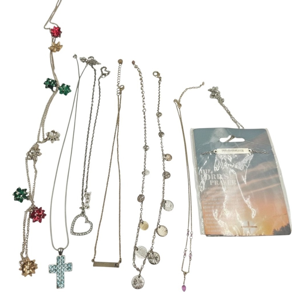 Fashion‎ Necklace Lot 7pc Christmas Bow Cross Heart Initial K Lords Prayer Cross